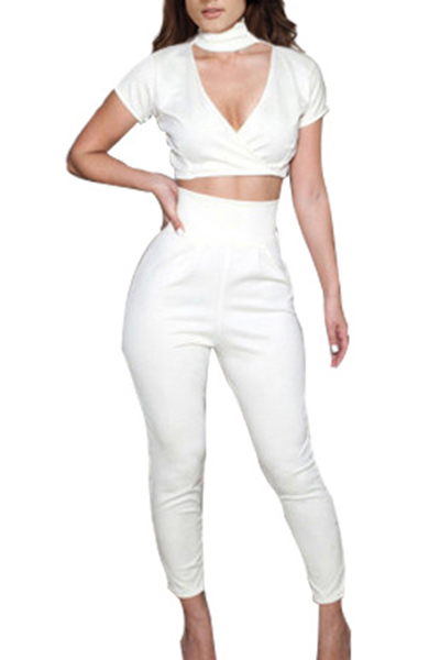 Charismatic Round Neck Short Sleeves V-shaped Hollow-out White Polyester Two-piece Pants Set