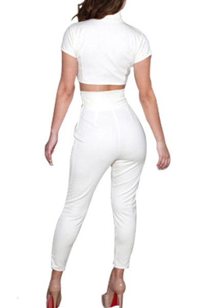 Charismatic Round Neck Short Sleeves V-shaped Hollow-out White Polyester Two-piece Pants Set