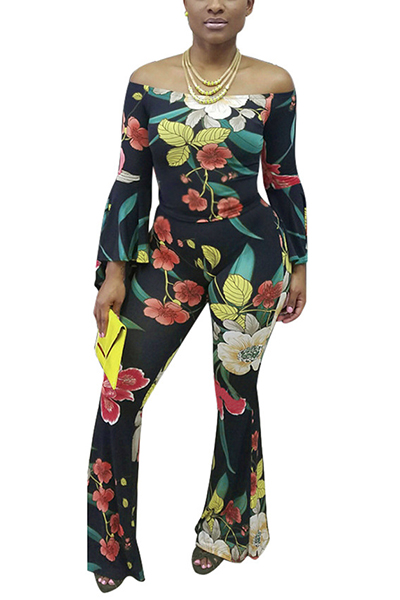 Charming Bateau Neck Long Sleeves Floral Print Black Polyester Two-piece Pants Set