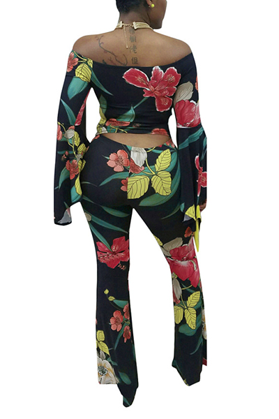 Charming Bateau Neck Long Sleeves Floral Print Black Polyester Two-piece Pants Set