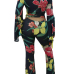 Charming Bateau Neck Long Sleeves Floral Print Black Polyester Two-piece Pants Set