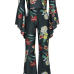 Charming Bateau Neck Long Sleeves Floral Print Black Polyester Two-piece Pants Set