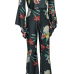 Charming Bateau Neck Long Sleeves Floral Print Black Polyester Two-piece Pants Set