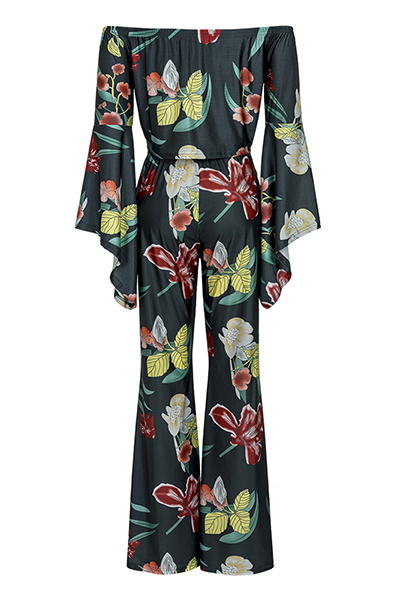 Charming Bateau Neck Long Sleeves Floral Print Black Polyester Two-piece Pants Set