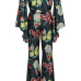 Charming Bateau Neck Long Sleeves Floral Print Black Polyester Two-piece Pants Set