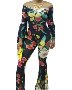 Charming Bateau Neck Long Sleeves Floral Print Black Polyester Two-piece Pants Set