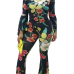 Charming Bateau Neck Long Sleeves Floral Print Black Polyester Two-piece Pants Set