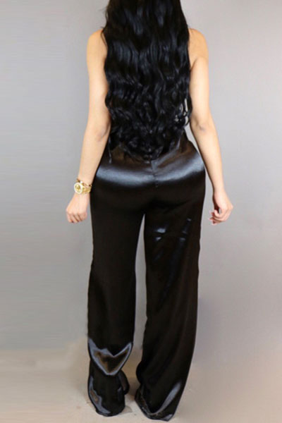 Charming Dew Shoulder High Waist Black Satin Two-piece Pants Set