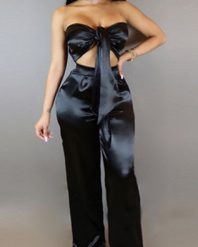 Charming Dew Shoulder High Waist Black Satin Two-piece Pants Set