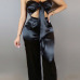 Charming Dew Shoulder High Waist Black Satin Two-piece Pants Set