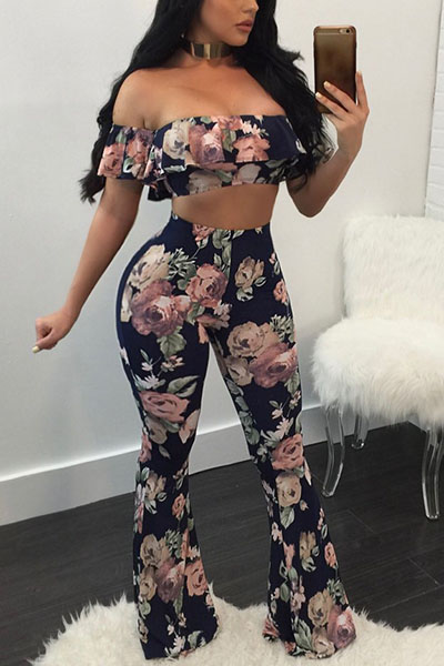 Charming Dew Shoulder Short Sleeves Floral Print Navy Blue Qmilch Two-piece Pants Set