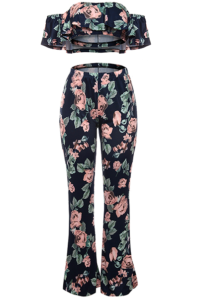 Charming Dew Shoulder Short Sleeves Floral Print Navy Blue Qmilch Two-piece Pants Set