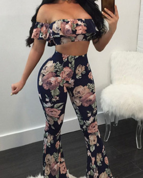 Charming Dew Shoulder Short Sleeves Floral Print Navy Blue Qmilch Two-piece Pants Set