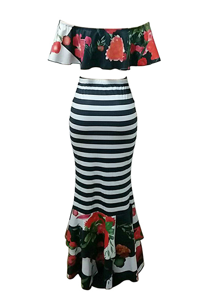 Charming Dew Shoulder Striped Printed Multi Healthy Two-piece Skirt Set