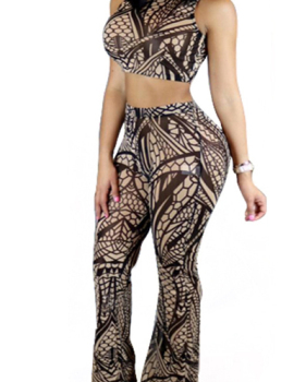 Charming Mandarin Collar Sleeveless Digital Printing Cotton Two-piece Pants Set