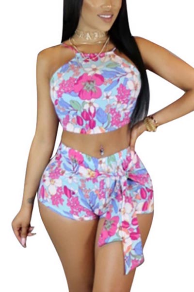 Charming Printed Backless Rose Milk Fiber Two-piece Shorts Set