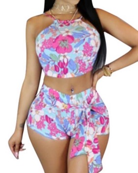 Charming Printed Backless Rose Milk Fiber Two-piece Shorts Set