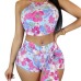 Charming Printed Backless Rose Milk Fiber Two-piece Shorts Set