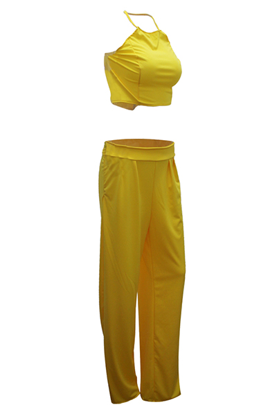 Charming Round Neck Sleeveless Ruched Yellow Twilled Satin Two-piece Pants Set