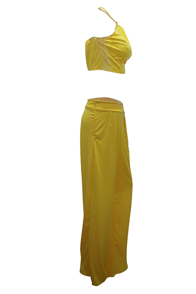 Charming Round Neck Sleeveless Ruched Yellow Twilled Satin Two-piece Pants Set