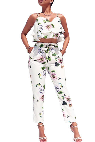 Charming V Neck Sleeveless Printed White Milk Fiber Two-piece Pants Set