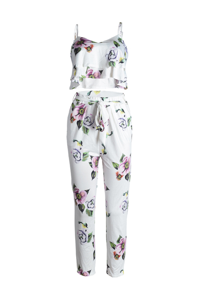 Charming V Neck Sleeveless Printed White Milk Fiber Two-piece Pants Set