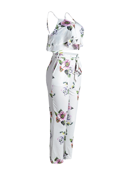 Charming V Neck Sleeveless Printed White Milk Fiber Two-piece Pants Set