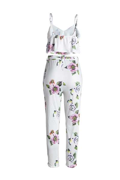 Charming V Neck Sleeveless Printed White Milk Fiber Two-piece Pants Set