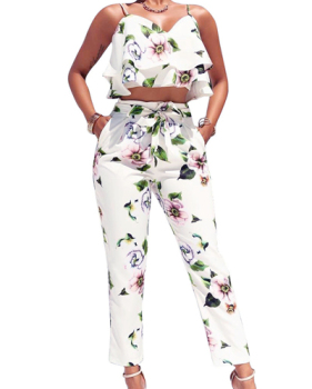 Charming V Neck Sleeveless Printed White Milk Fiber Two-piece Pants Set