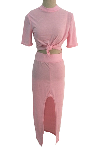 Cheap Fashion O Neck Short Sleeves Lantern Skirt Pink  Blending  Ankle Length Dress