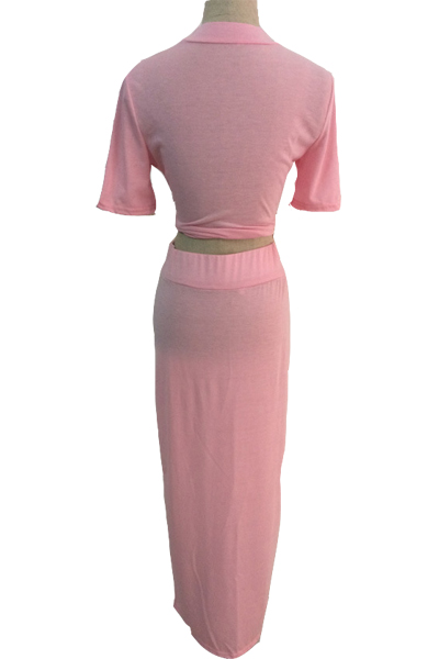 Cheap Fashion O Neck Short Sleeves Lantern Skirt Pink  Blending  Ankle Length Dress