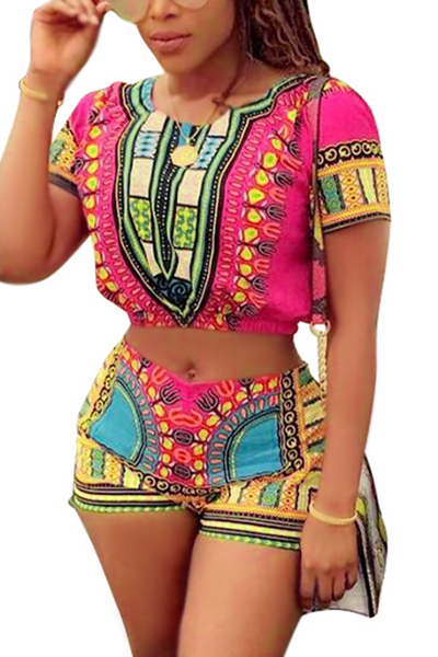 Ethnic Style Round Neck Short Sleeves Printed Qmilch Two-piece Shorts Set