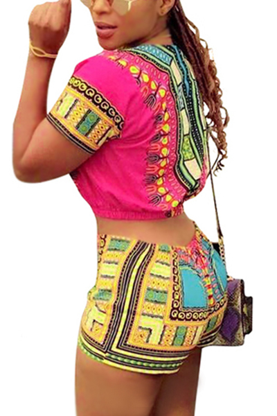 Ethnic Style Round Neck Short Sleeves Printed Qmilch Two-piece Shorts Set