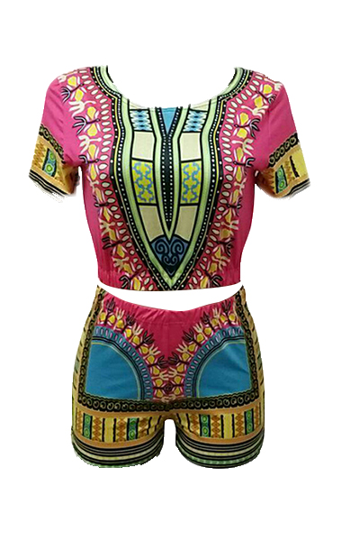 Ethnic Style Round Neck Short Sleeves Printed Qmilch Two-piece Shorts Set