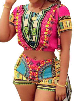 Ethnic Style Round Neck Short Sleeves Printed Qmilch Two-piece Shorts Set