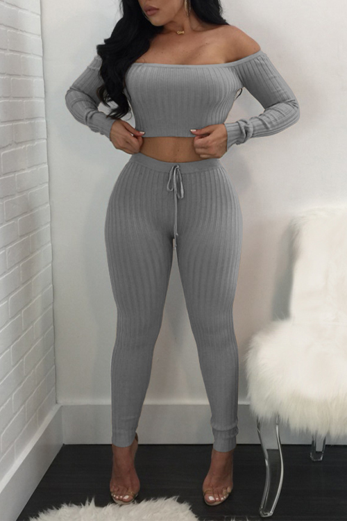 Euramerican Dew Shoulder Grey Cotton Two-piece Pants Set