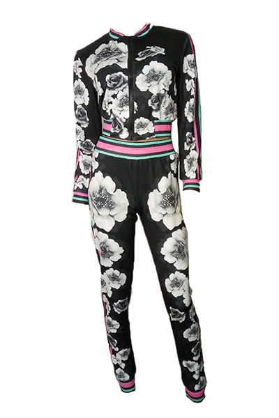 Euramerican Long Sleeves Print Black Polyester Two-piece Pants Set(Jacket+Pants)