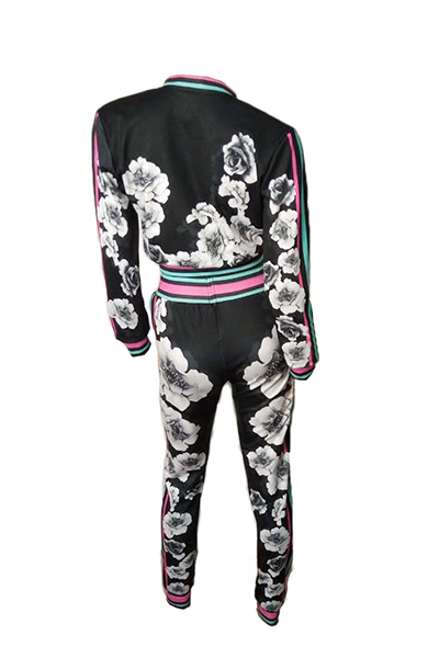 Euramerican Long Sleeves Print Black Polyester Two-piece Pants Set(Jacket+Pants)