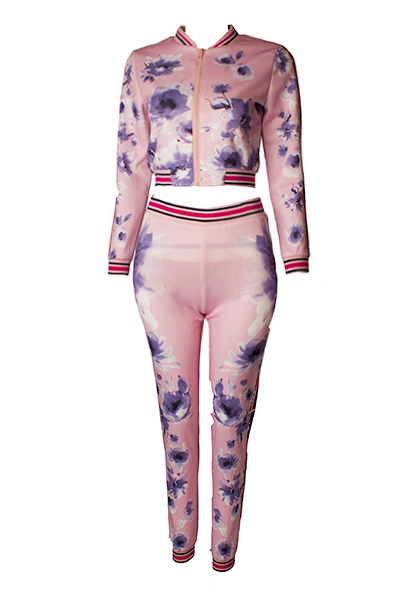 Euramerican Round Neck Long Sleeves Printed Pink Polyester Two-piece Pants Set