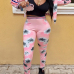 Euramerican Round Neck Long Sleeves Printed Pink Polyester Two-piece Pants Set