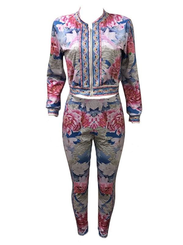 Euramerican Round Neck Printed Polyester Two-piece Pants Set