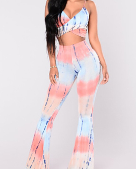 Euramerican V Neck High Waist Printed Polyester Two-piece Pants Set