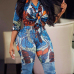 Euramerican V Neck Long Sleeves Printed Blue Milk Fiber Two-piece Pants Set