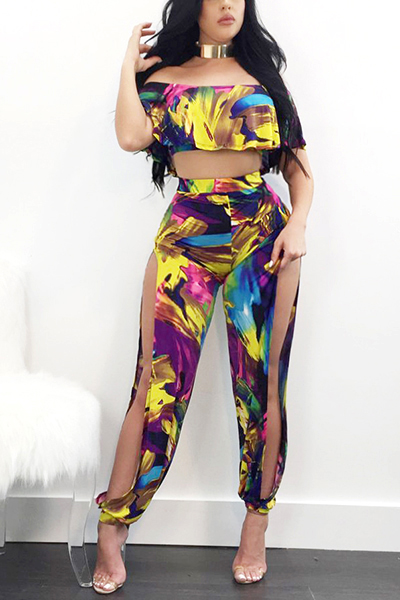 Fashion Dew Shoulder Printed Hollow-out Qmilch Two-piece Pants Set