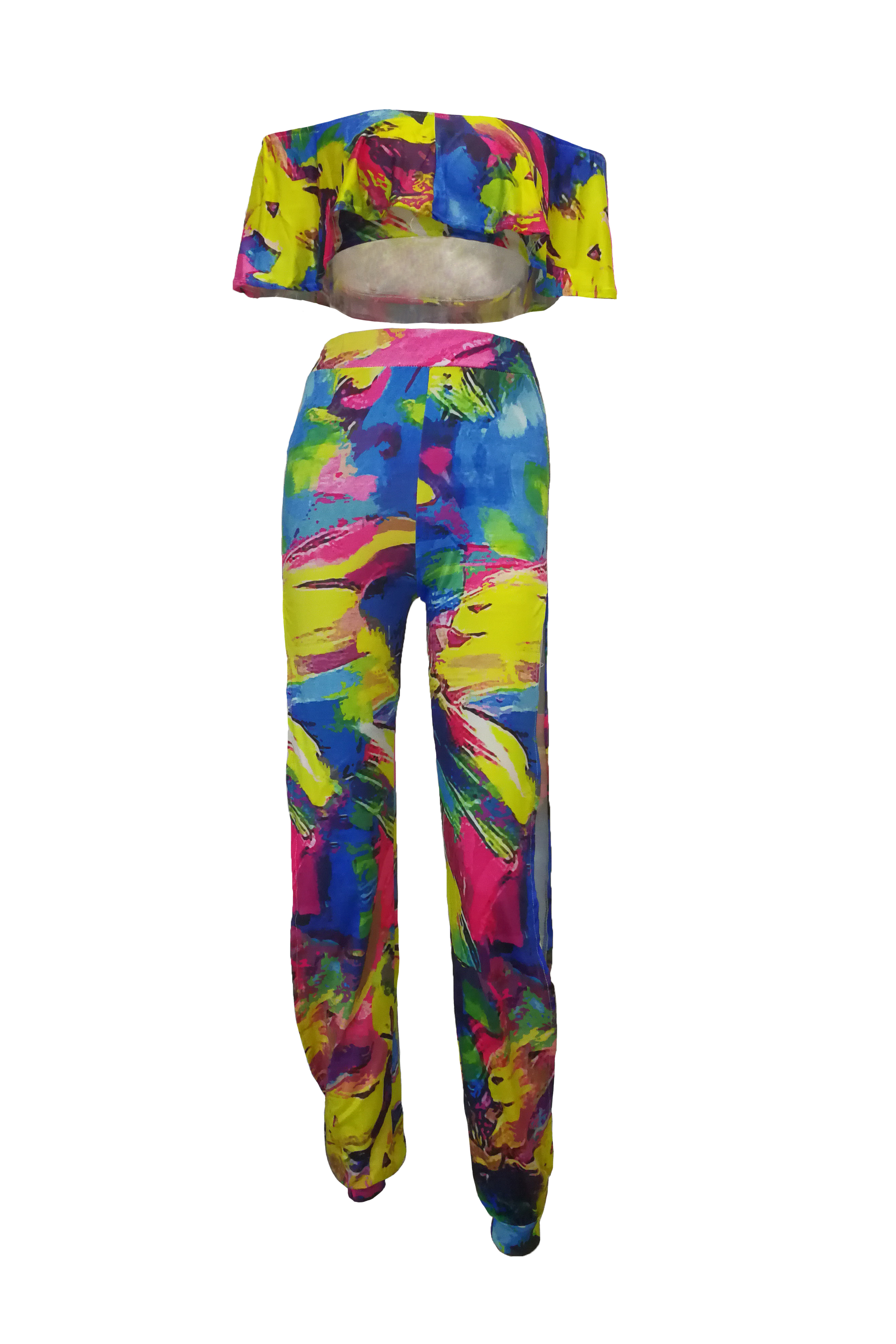 Fashion Dew Shoulder Printed Hollow-out Qmilch Two-piece Pants Set