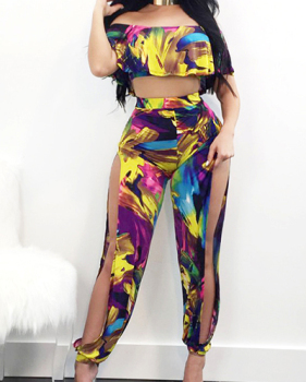 Fashion Dew Shoulder Printed Hollow-out Qmilch Two-piece Pants Set