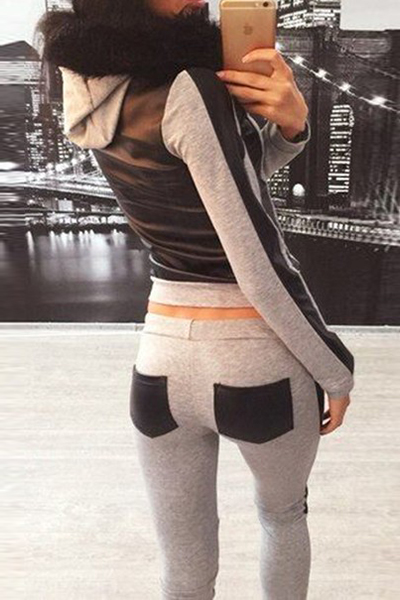 Fashion Long Sleeves Patchwork Grey Knitting Two-piece Pants Set