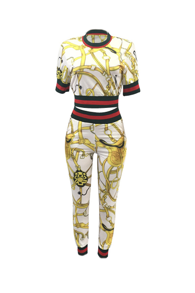 Fashion Round Neck Printed Patchwork White Cotton Two-piece Pants Set