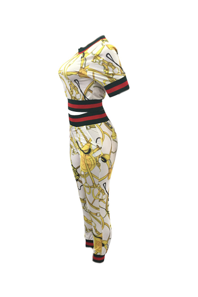 Fashion Round Neck Printed Patchwork White Cotton Two-piece Pants Set