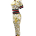 Fashion Round Neck Printed Patchwork White Cotton Two-piece Pants Set